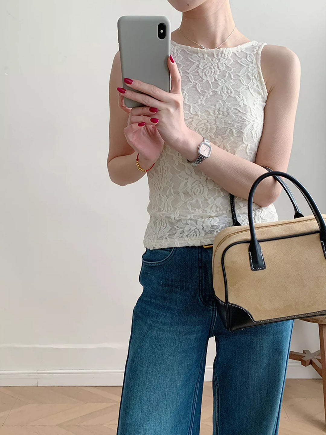 Sheer floral lace round neck long sleeve top