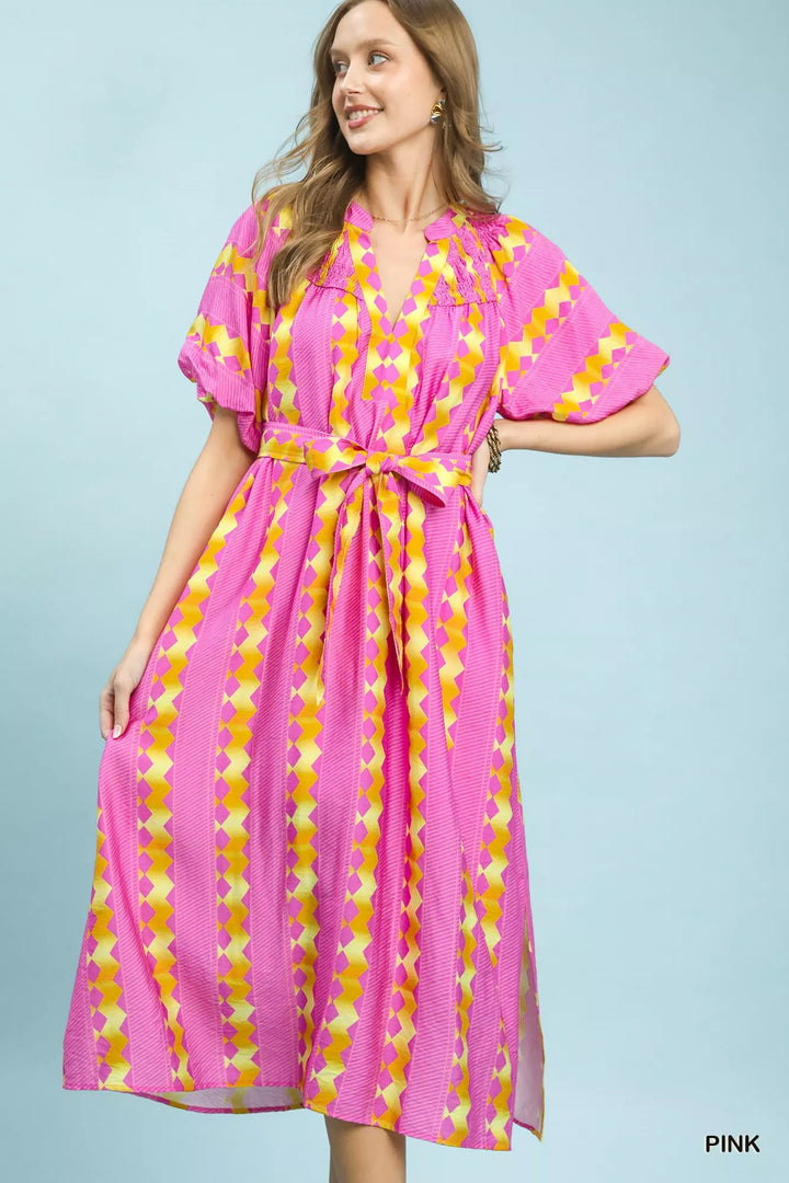 PINK Geometric stripe smocked midi dress with tie waist