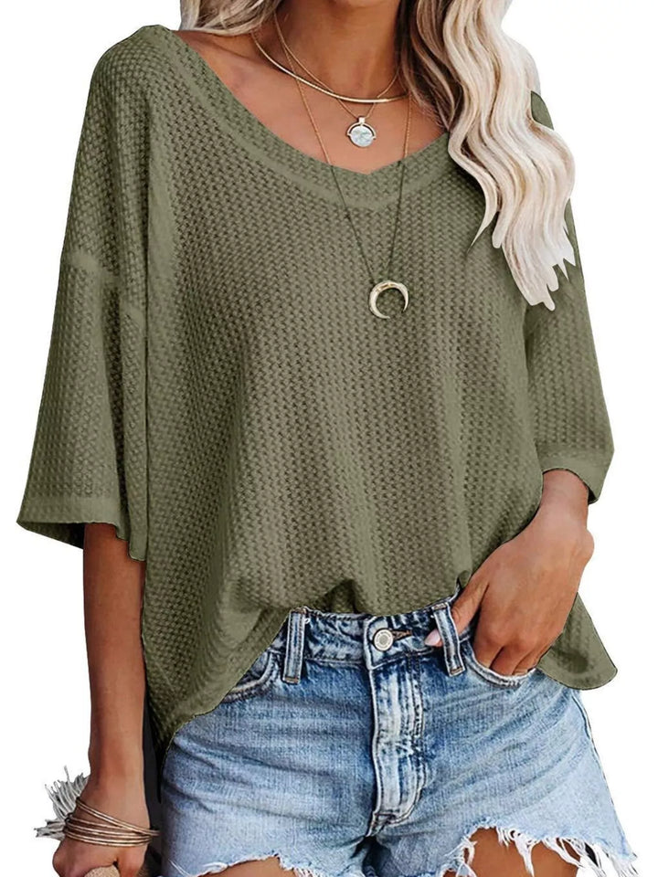 Olive Green Waffle knit v-neck drop shoulder short sleeve tee