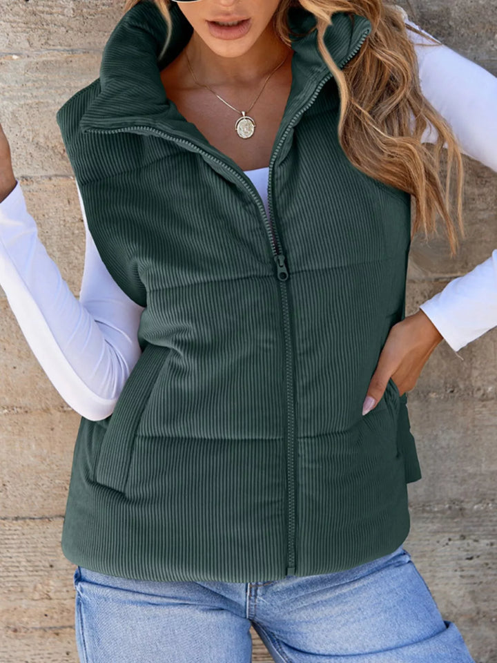 Green Corduroy stand collar zip-up puffer vest