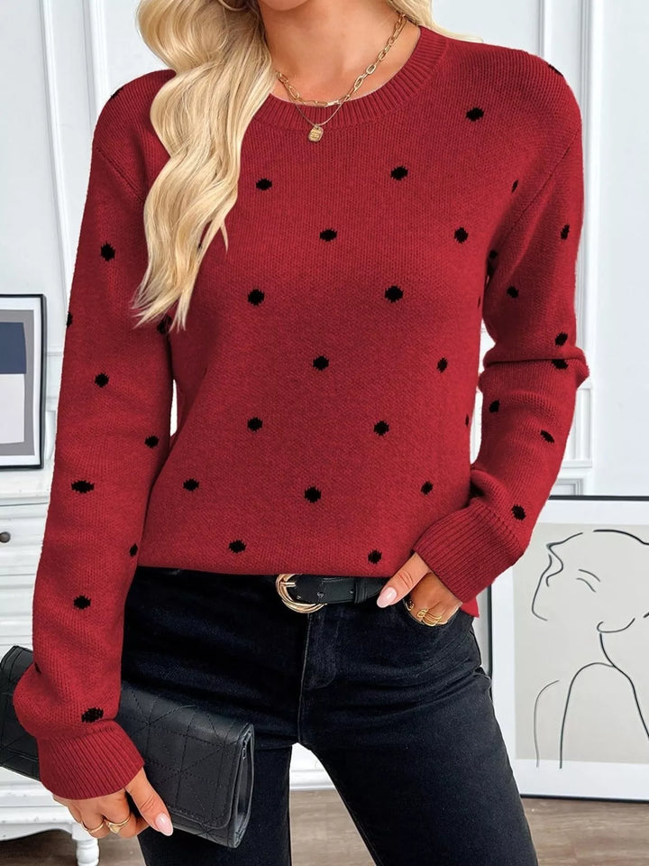 Polka dot knit crew neck pullover sweater