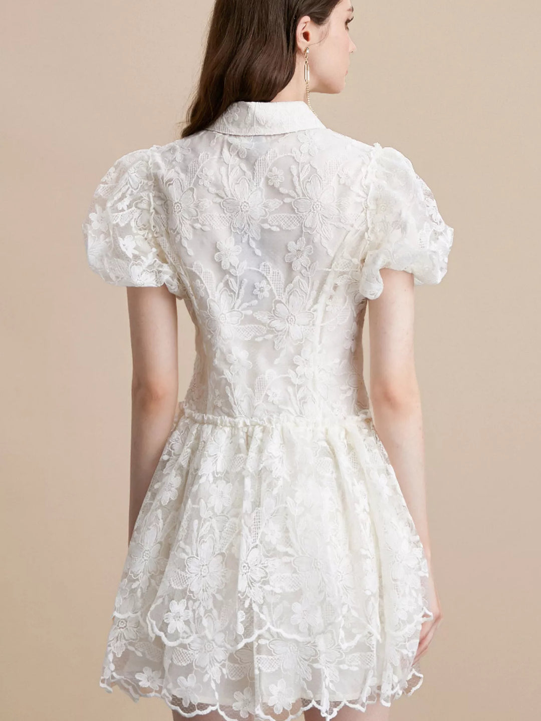 Floral lace puff sleeve mini dress with tiered skirt