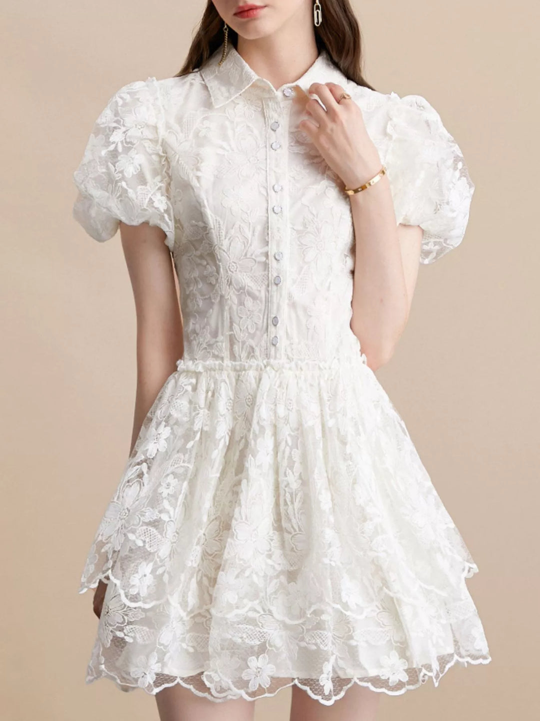 Floral lace puff sleeve mini dress with tiered skirt