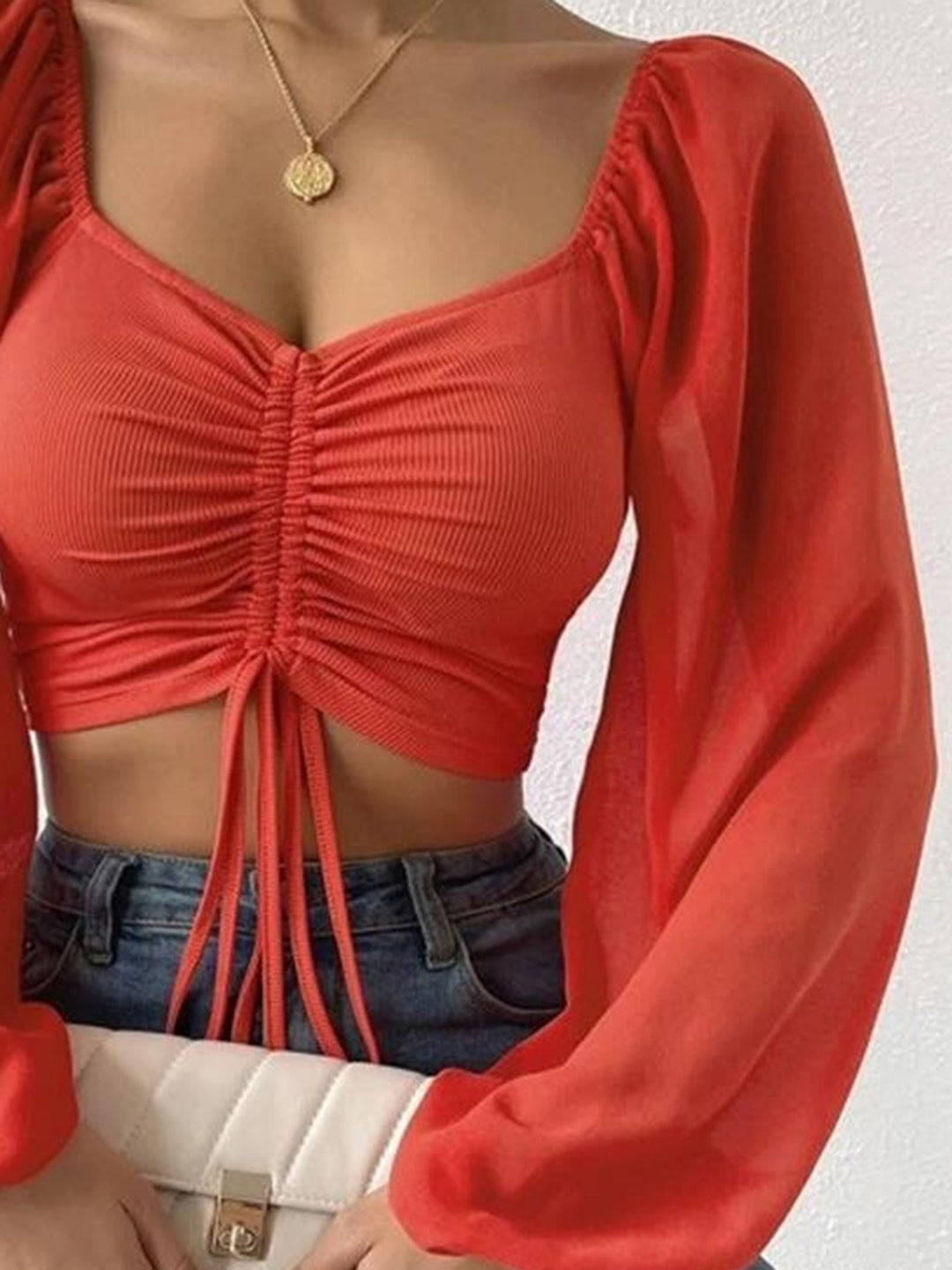 Drawstring sweetheart neck crop top with sheer sleeves