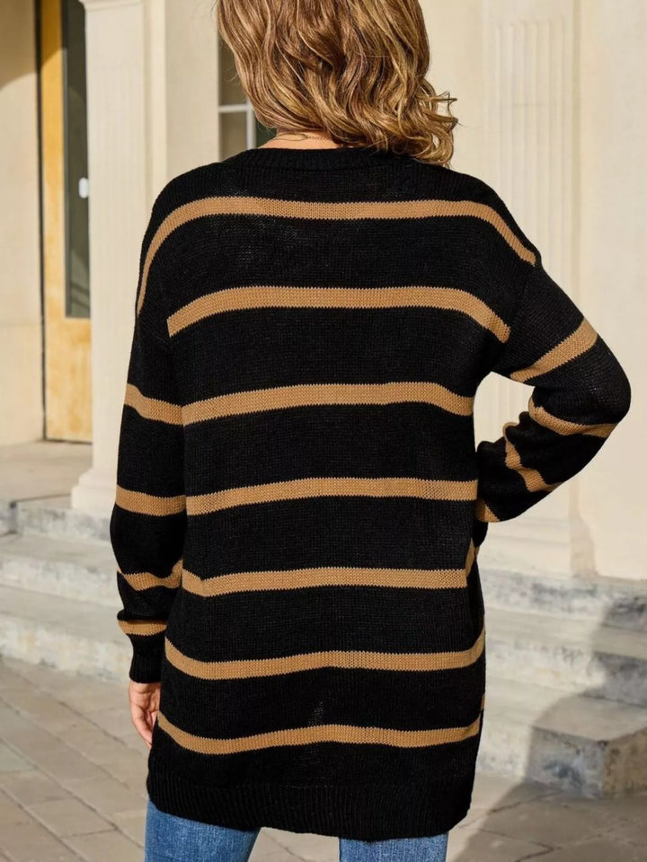 Striped button-front longline knit cardigan with ribbed trim