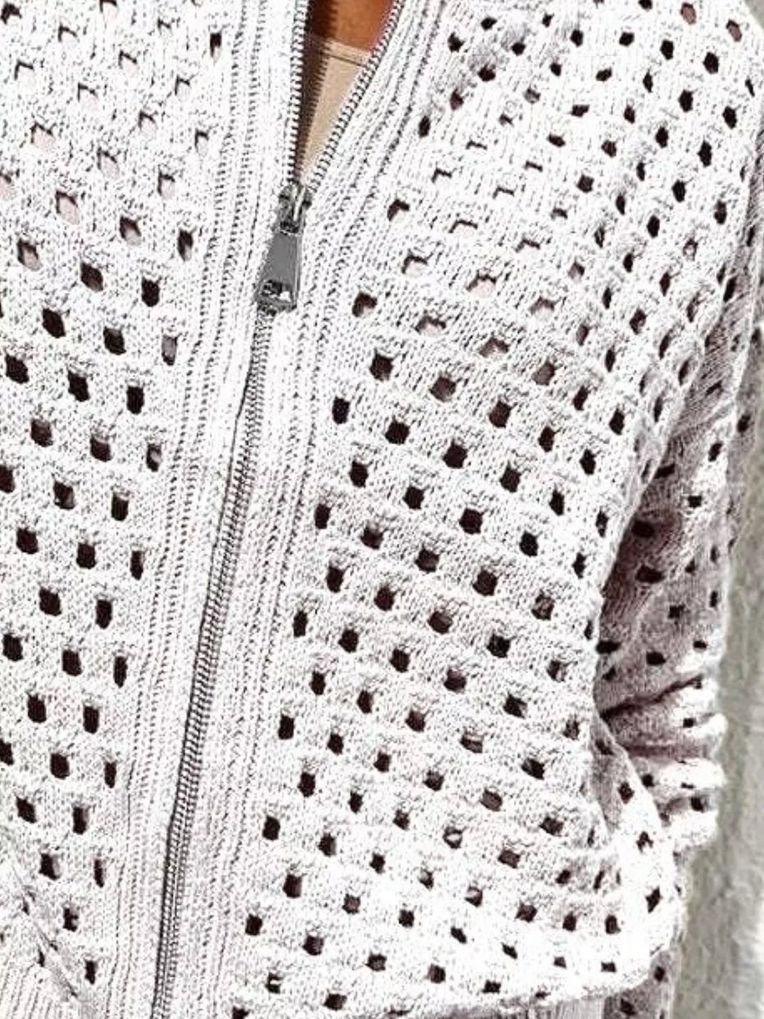 Open-knit zip-up bomber cardigan with ribbed trim