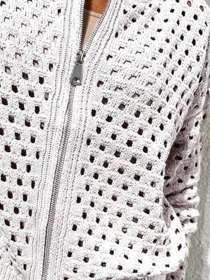 Open-knit zip-up bomber cardigan with ribbed trim