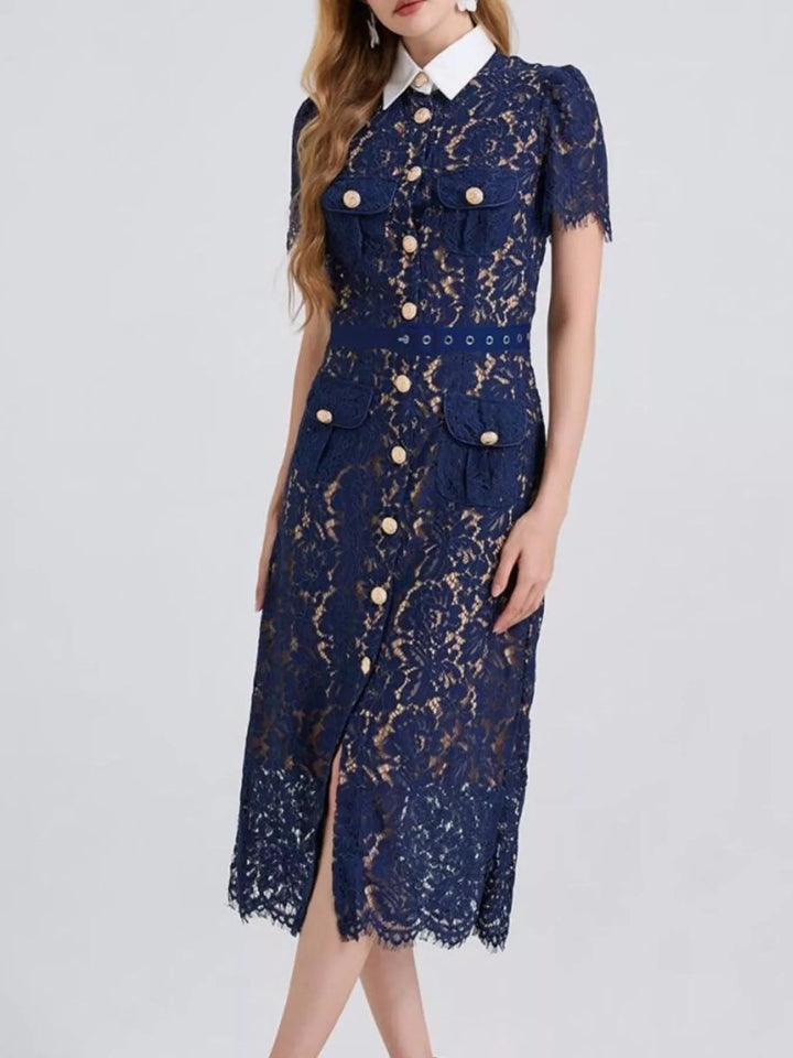 Belted floral lace midi shirt dress with contrast collar