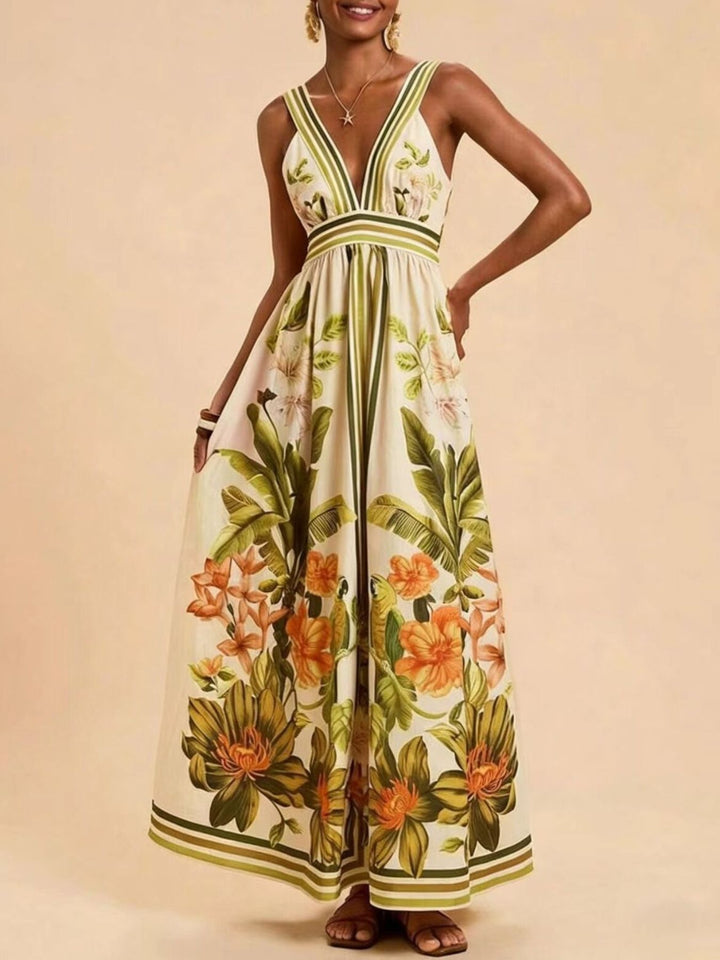 Sage Tropical floral V-neck maxi dress with striped trim and smocked back