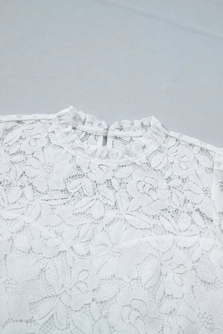 Sheer floral lace blouse with ruffle mock neck and flounce sleeves