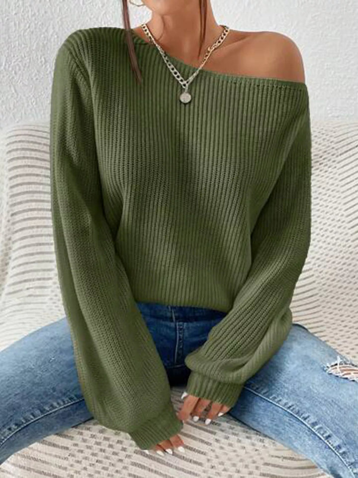 Dark Green Off-shoulder ribbed knit sweater with drop shoulder sleeves