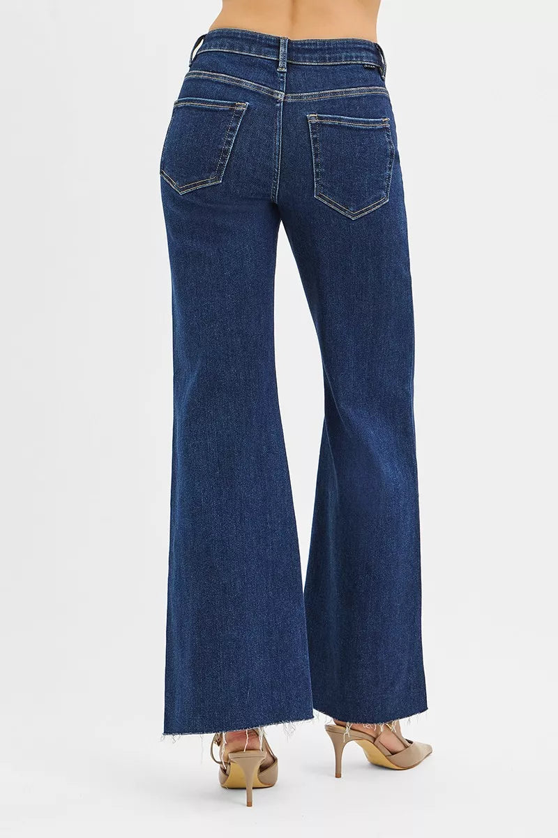 High-rise wide flare jeans with leather pocket flaps
