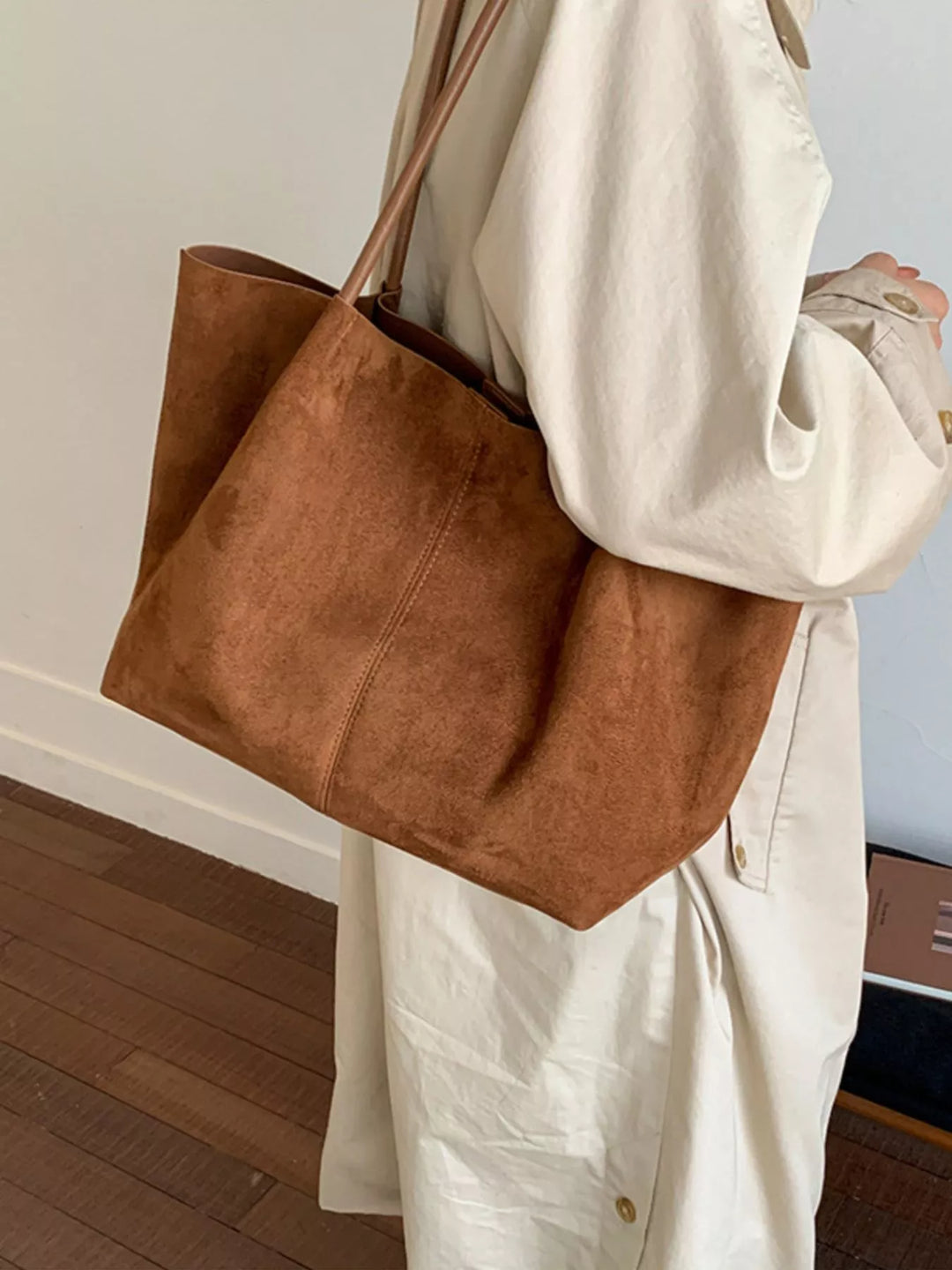 Oversized suede tote bag with slim shoulder straps