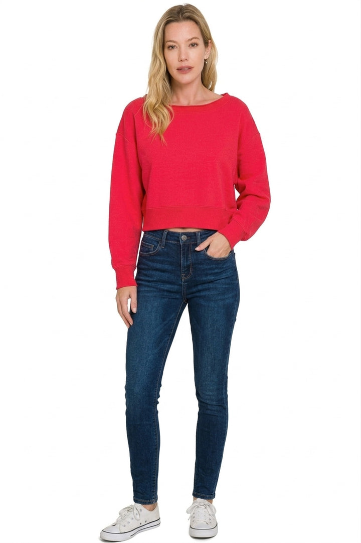 Cropped boat-neck sweatshirt with ribbed cuffs and hem