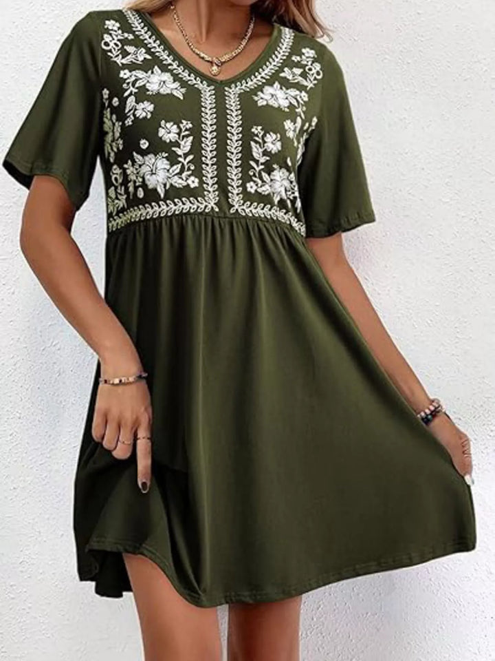 Army Green Floral embroidered v-neck babydoll mini dress