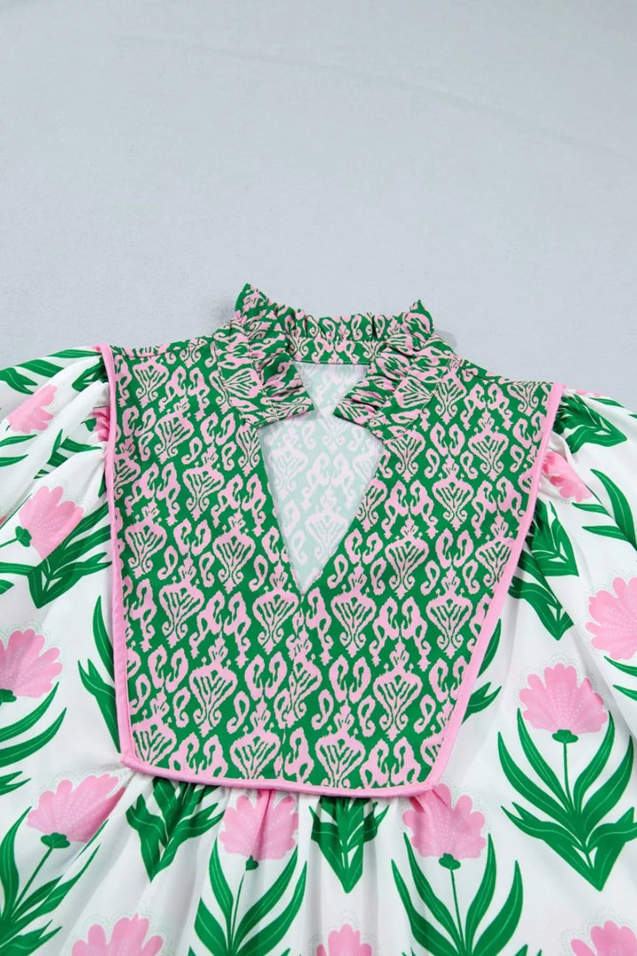 Floral print puff sleeve V-neck blouse with contrast yoke