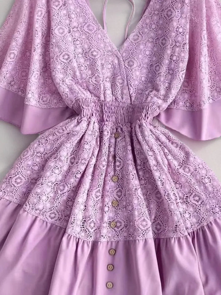 Ruffle-hem tie-back lace mini dress with flutter sleeves