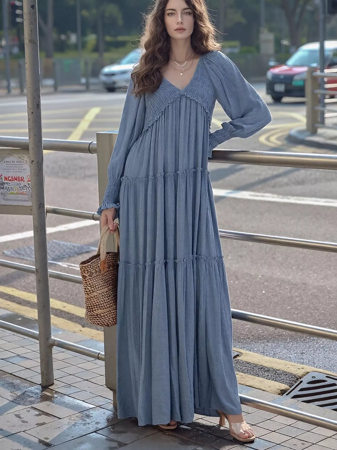Blue Smocked v-neck tiered maxi dress with long sleeves