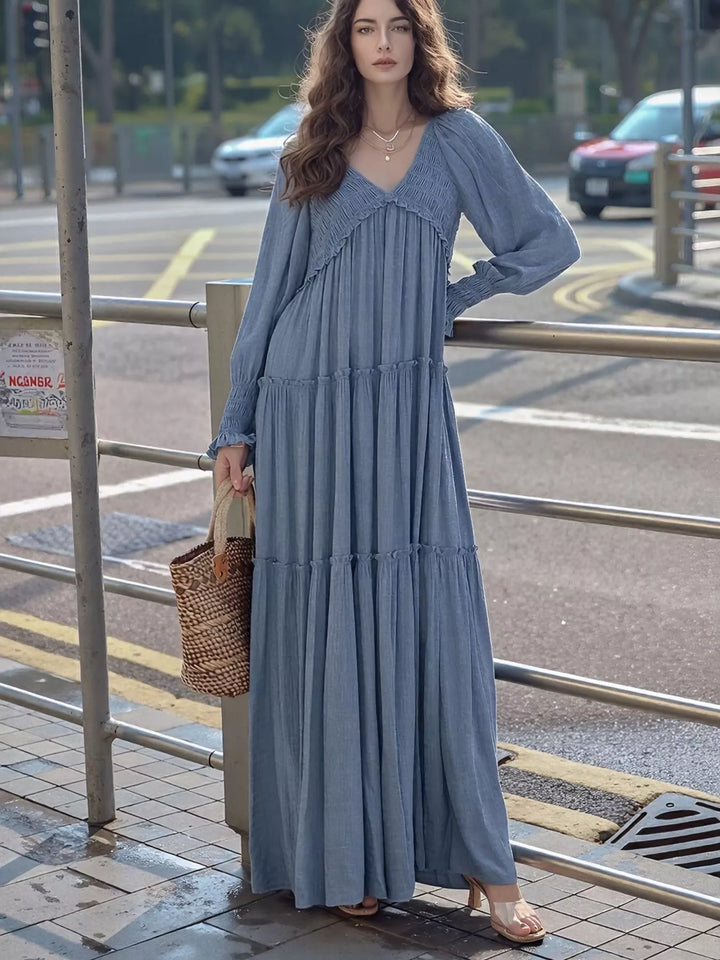 Blue Smocked v-neck tiered maxi dress with long sleeves