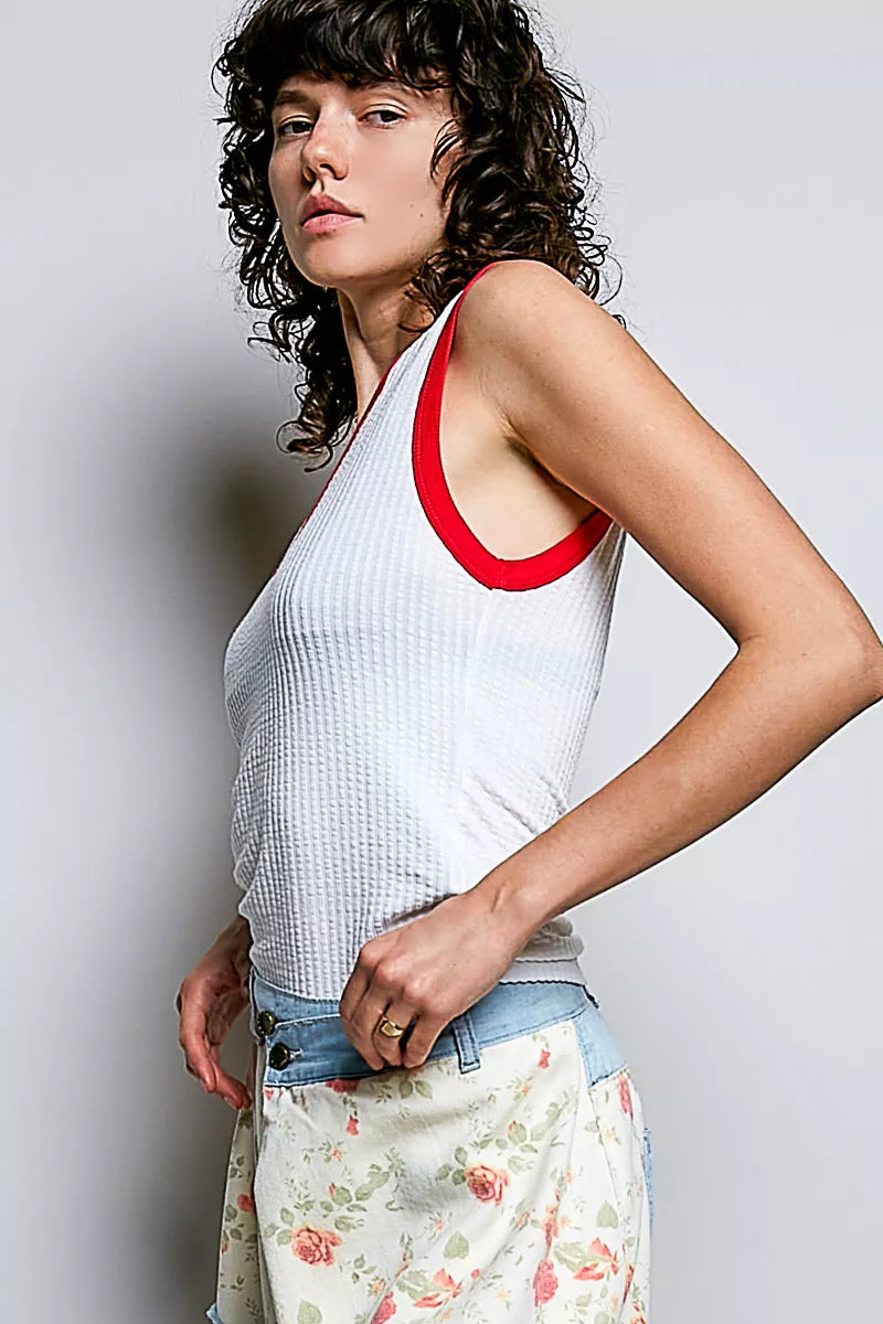 Ribbed V-neck tank with contrast neckline trim