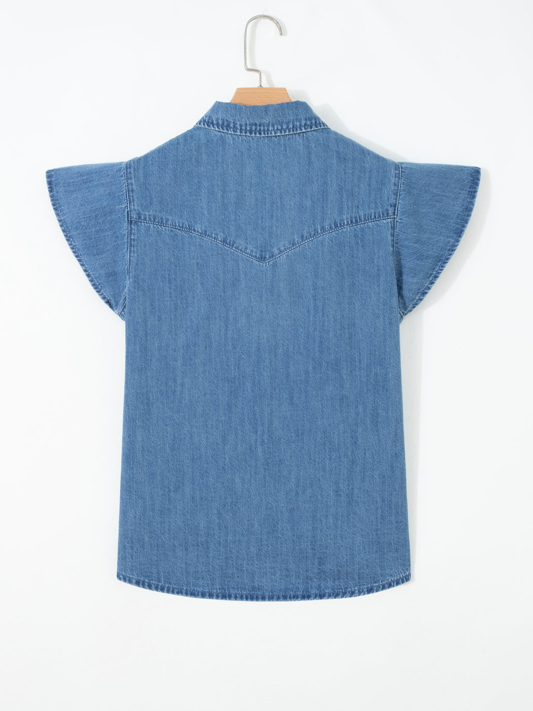 Ruffle sleeve denim button-down shirt with pearl snaps