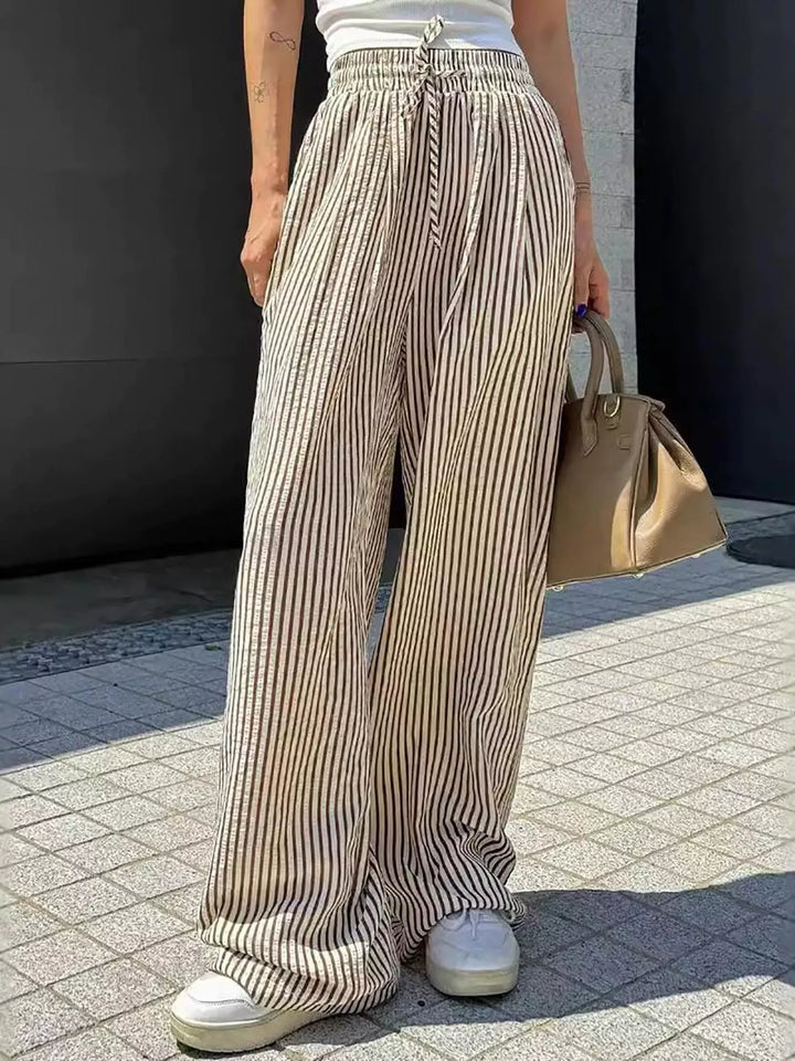 Striped wide-leg drawstring pants with side pockets