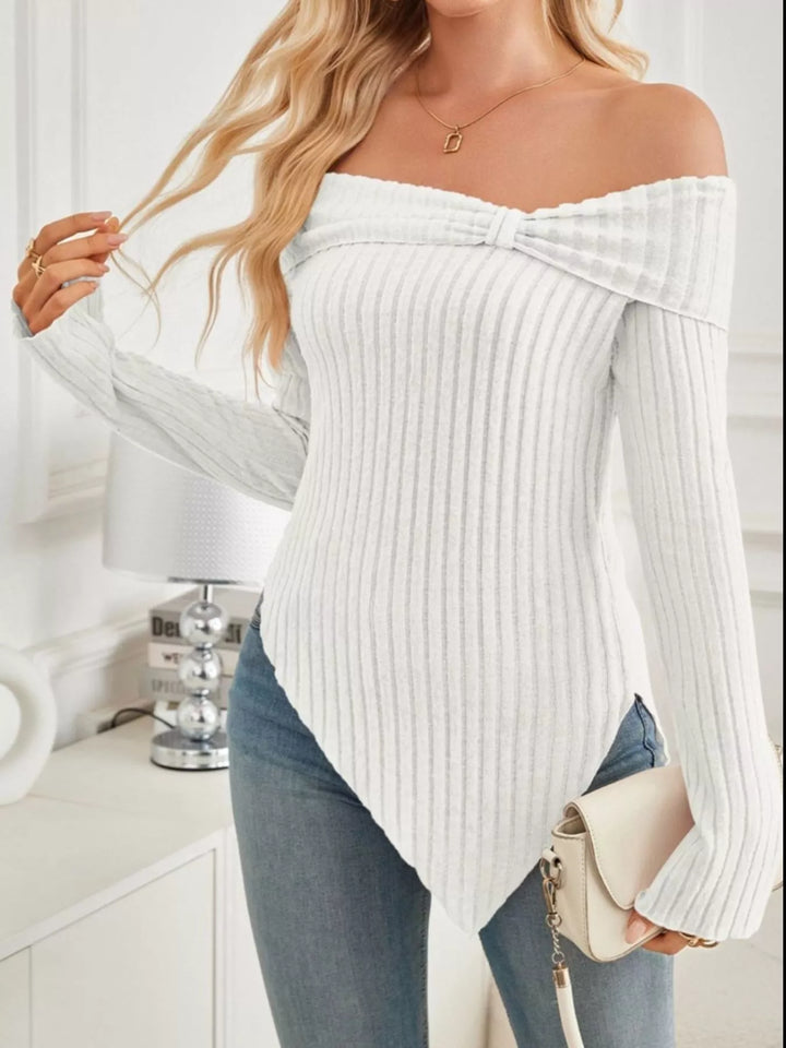 Off-shoulder ribbed knit top with twist-front flared sleeves