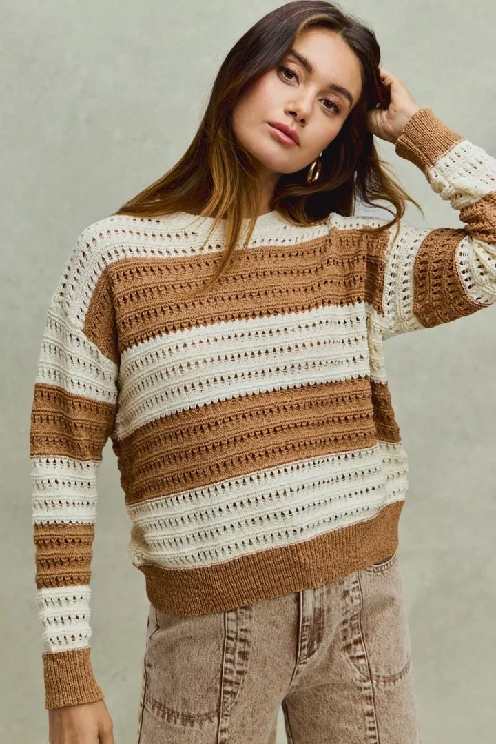 Openwork wide stripe textured knit crewneck sweater