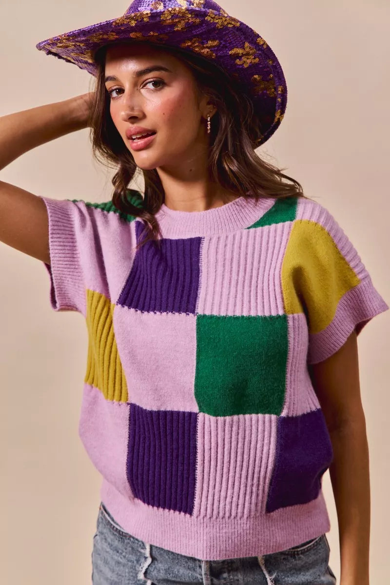 Checkerboard color-block short sleeve sweater top