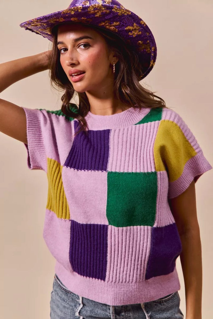 Checkerboard color-block short sleeve sweater top