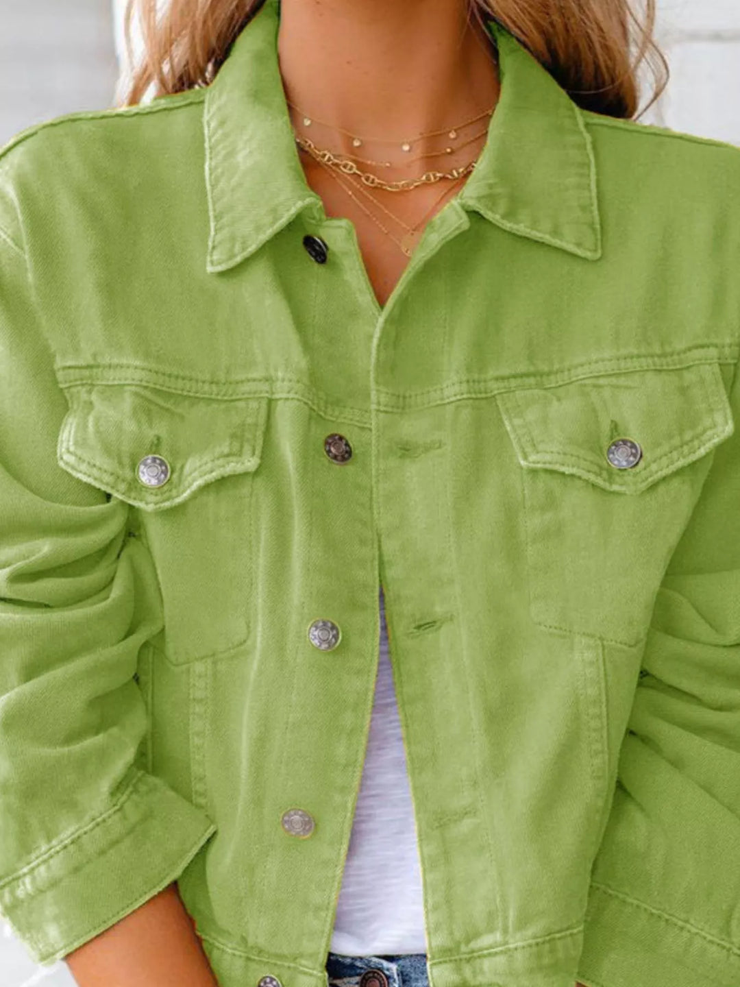 Cropped button-up denim jacket with chest pockets