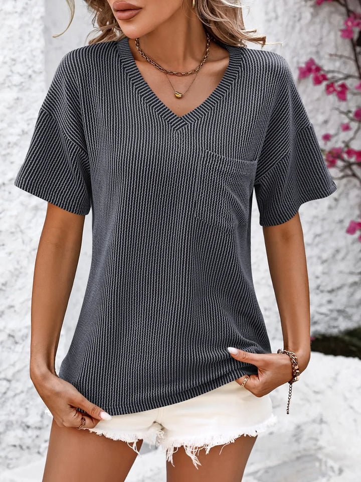 Ribbed V-neck dropped-shoulder tee with chest pocket