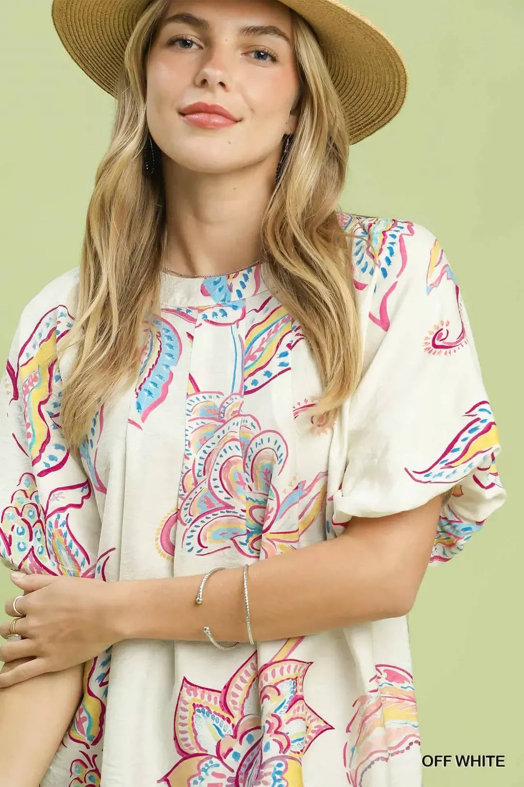 Boxy paisley print puff sleeve top with side slits