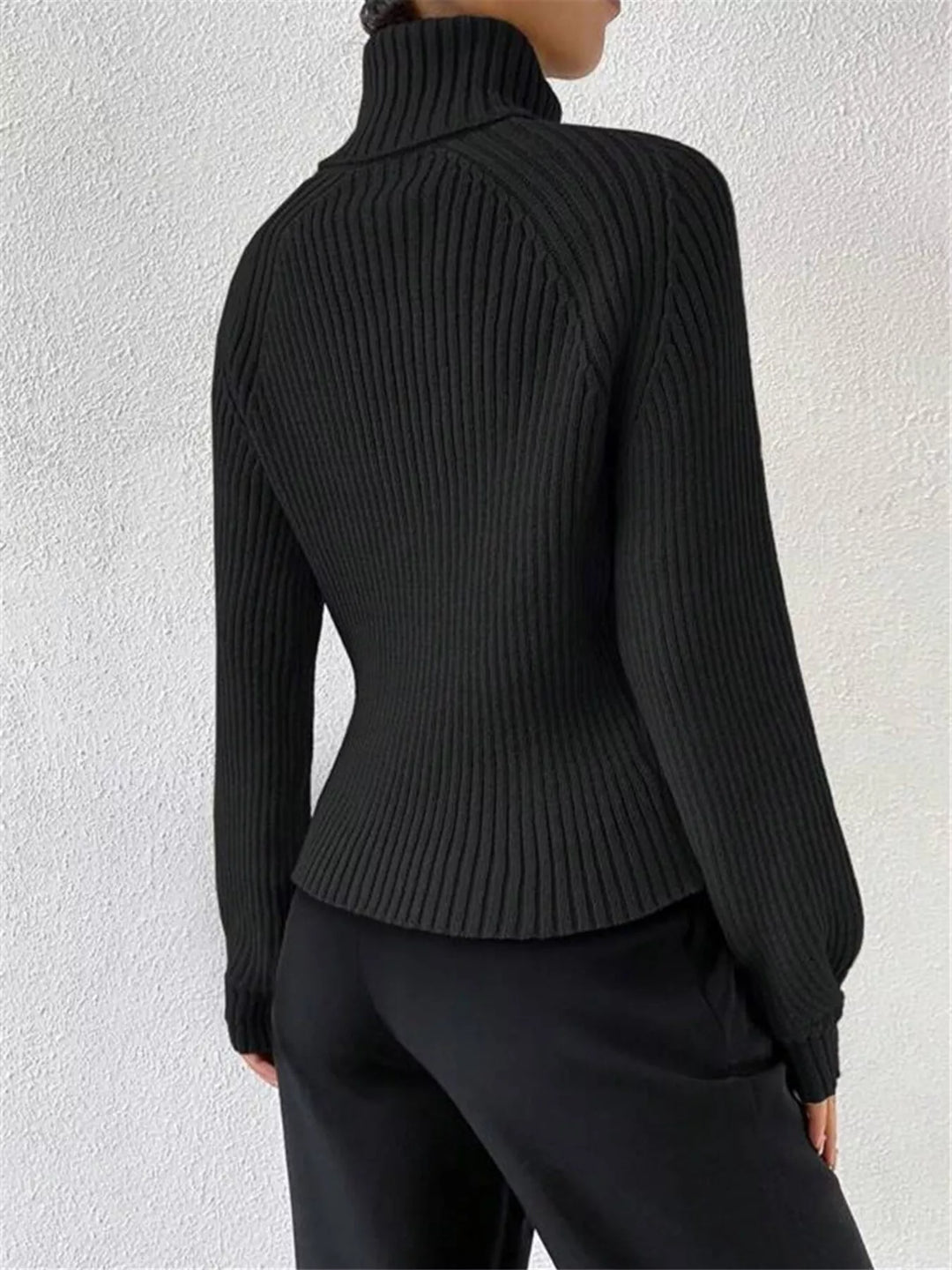 Ribbed knit turtleneck sweater with fitted long sleeves