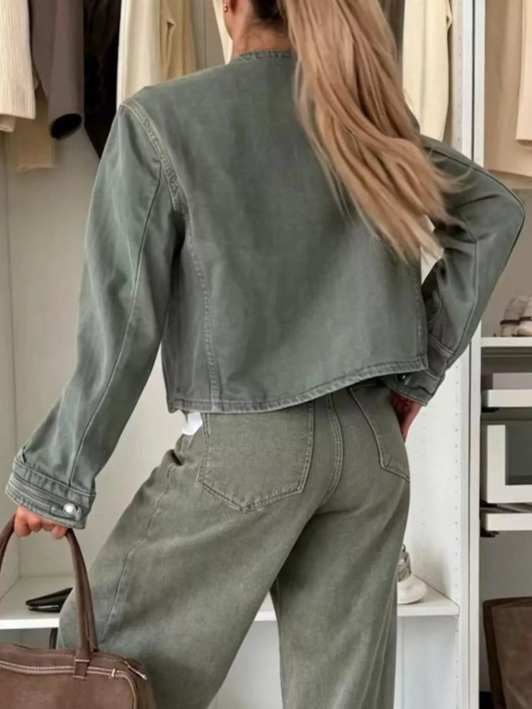 Cropped denim military jacket with dome buttons