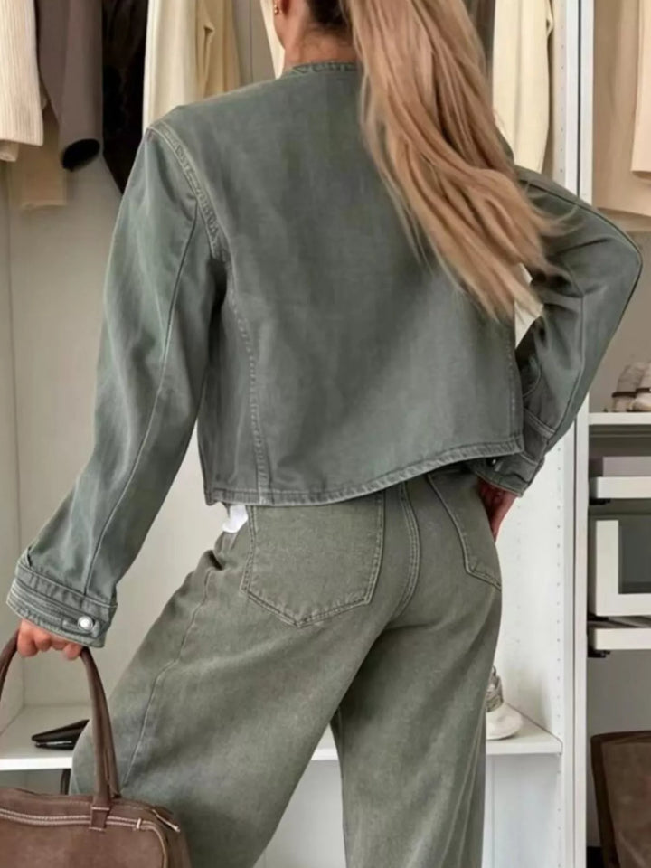 Cropped denim military jacket with dome buttons