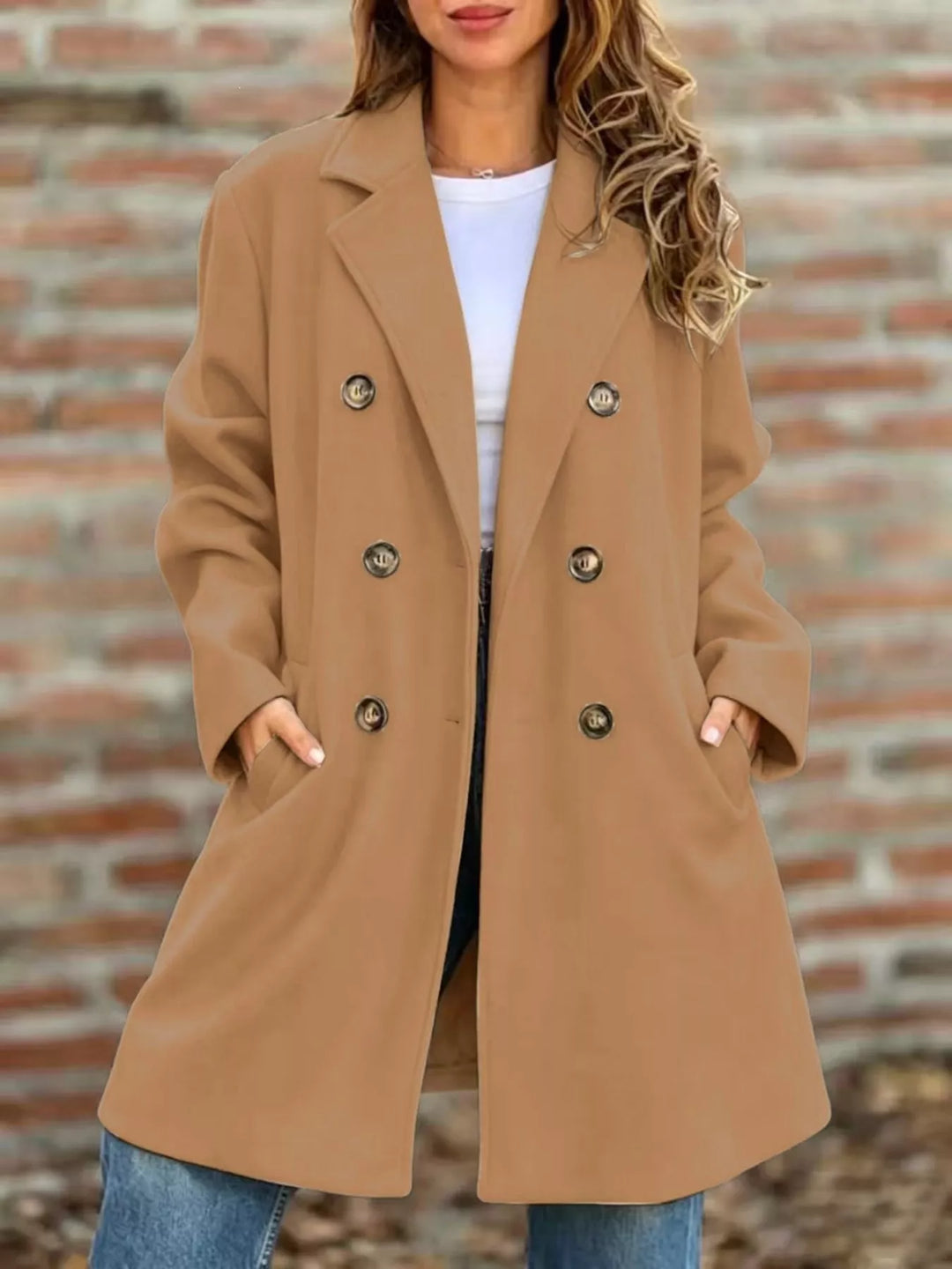 Double-breasted notch lapel longline coat with pockets