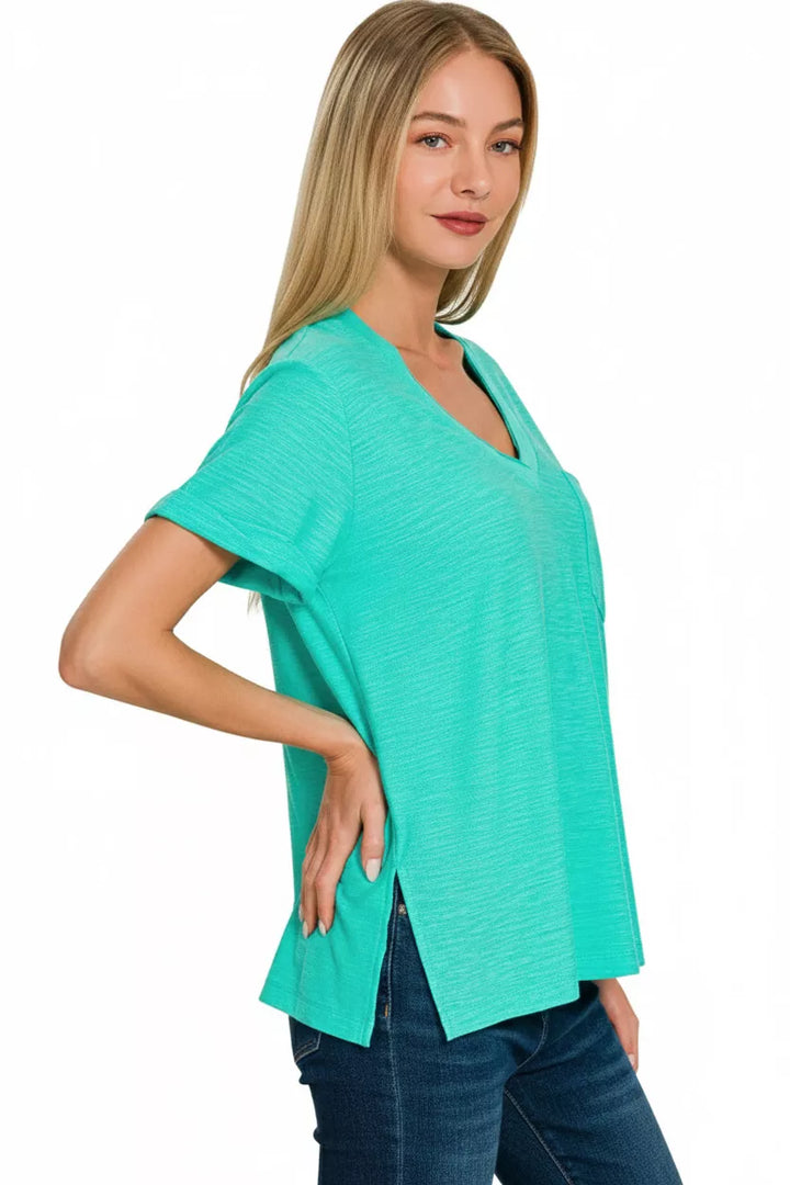 Slub knit rolled-sleeve v-neck tee with chest pocket