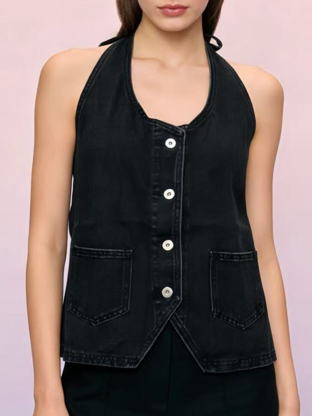 Halter neck button-down denim vest with patch pockets