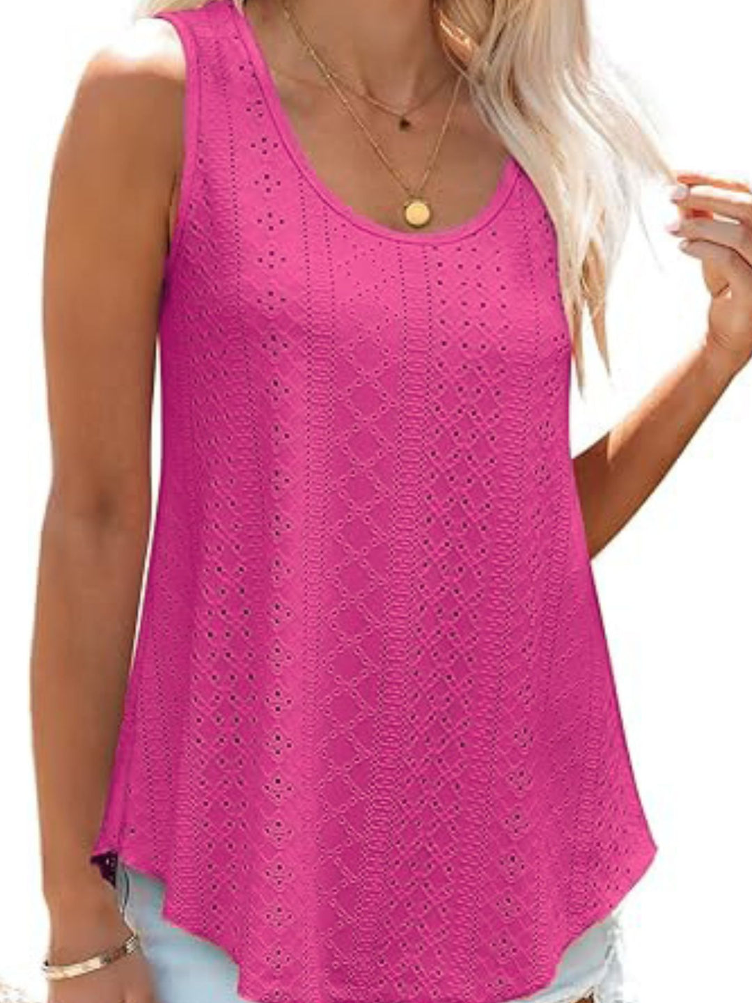 Eyelet knit scoop neck flowy swing tank top