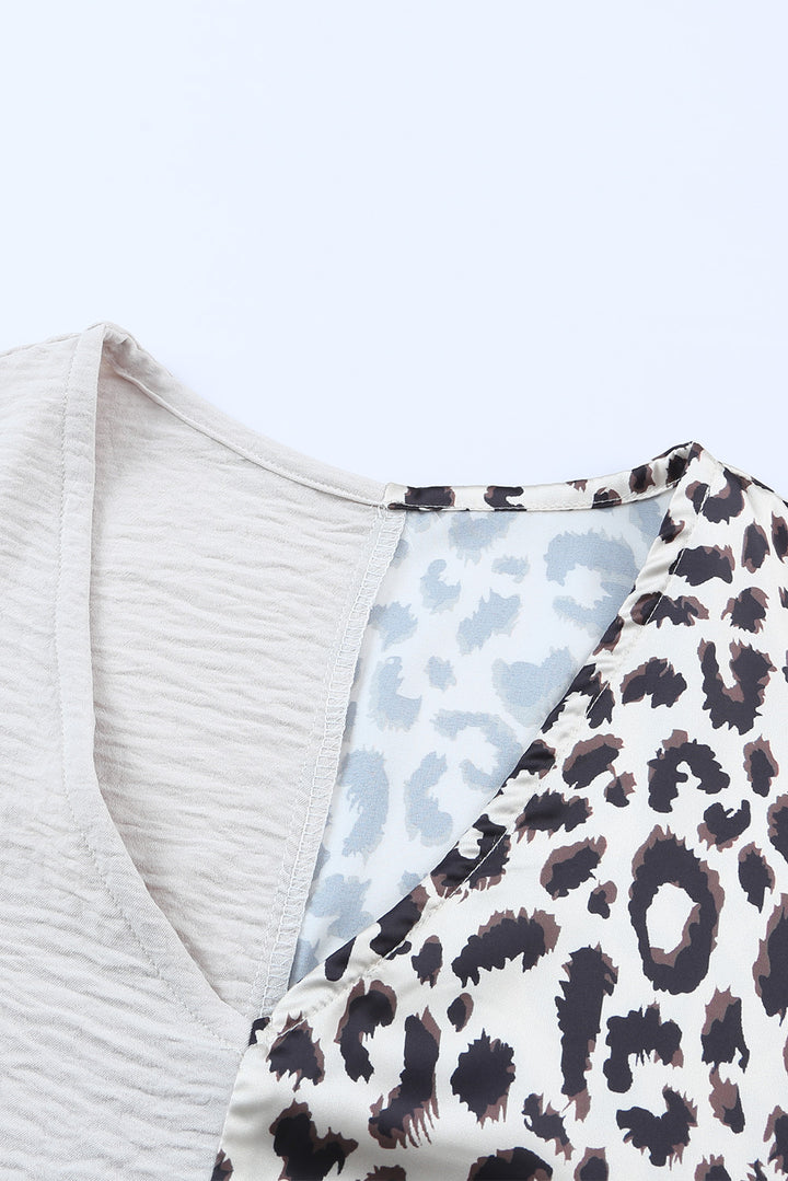 Leopard color block short-sleeve V-neck blouse