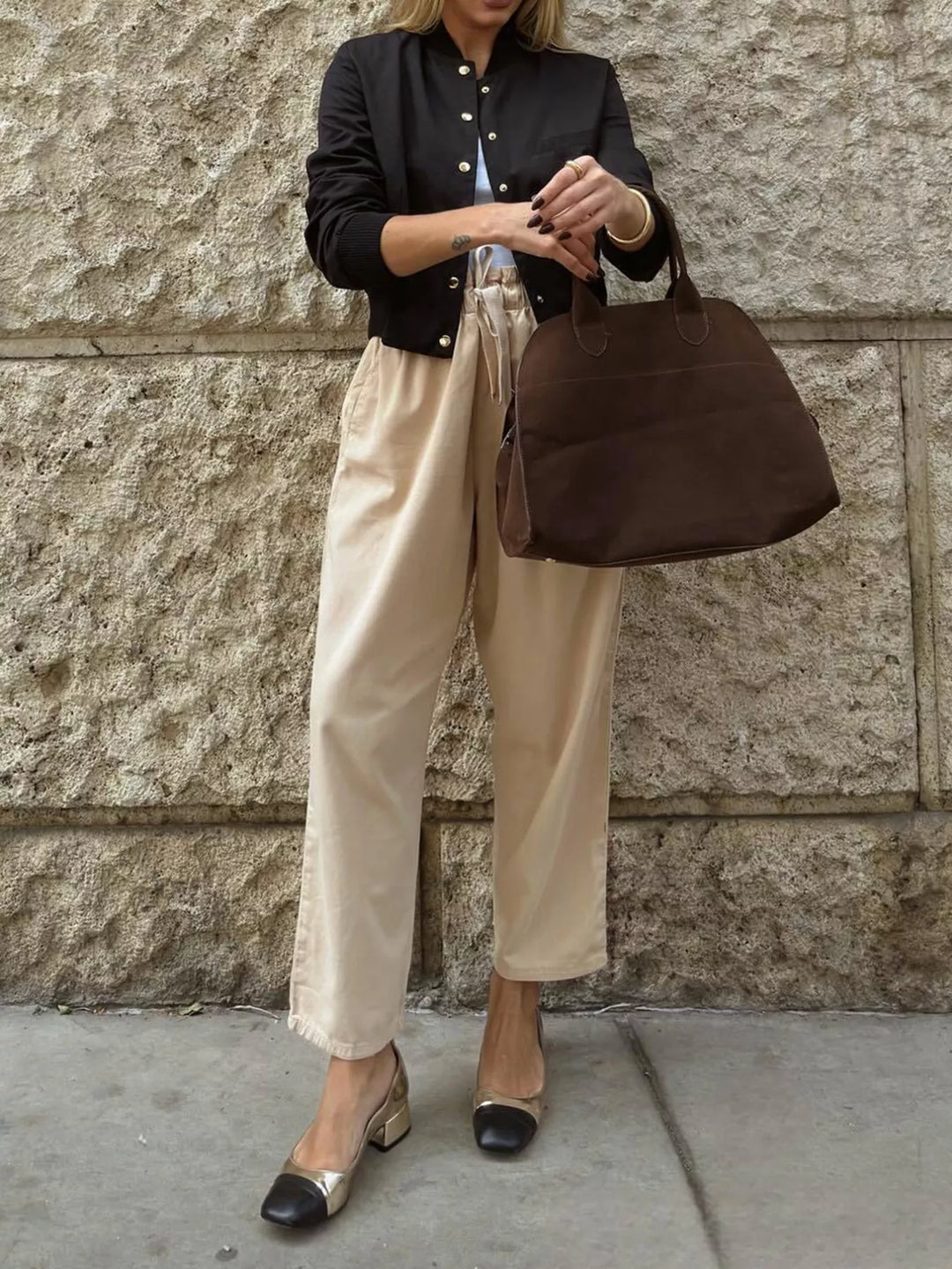Cropped bomber jacket with gold snap button front
