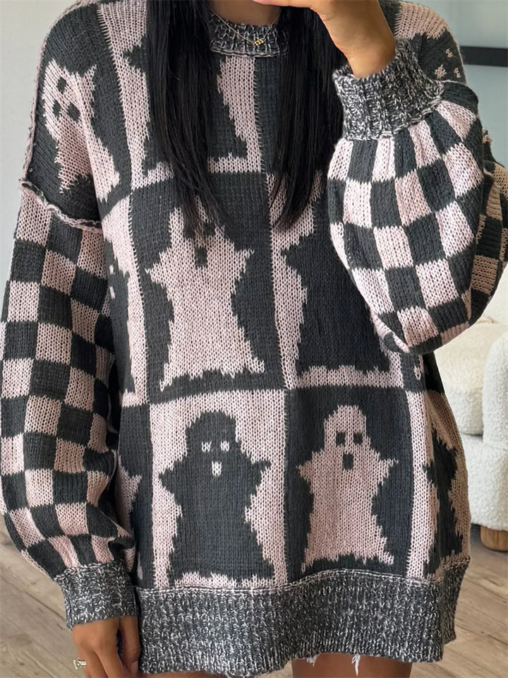 Dusty Pink Ghost checkerboard oversized drop shoulder knit sweater