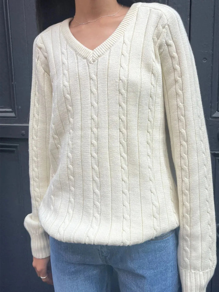 White Cable knit V-neck pullover sweater with ribbed trim