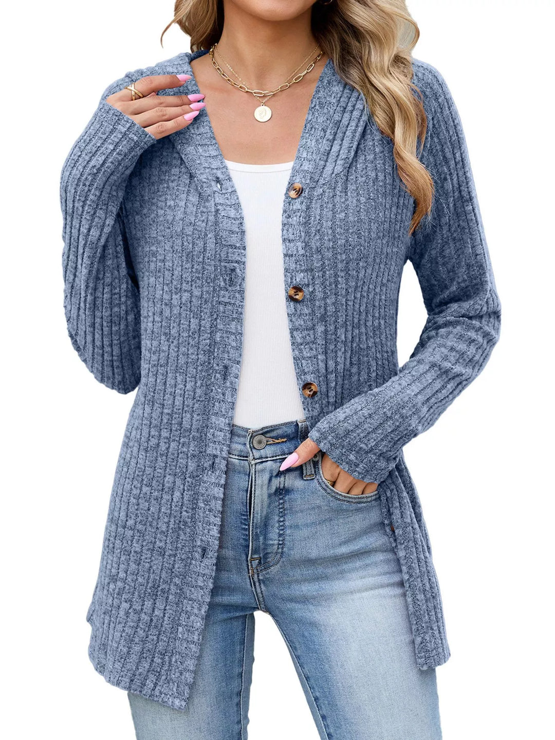 Colorful Blue Ribbed knit hooded cardigan with tortoise buttons