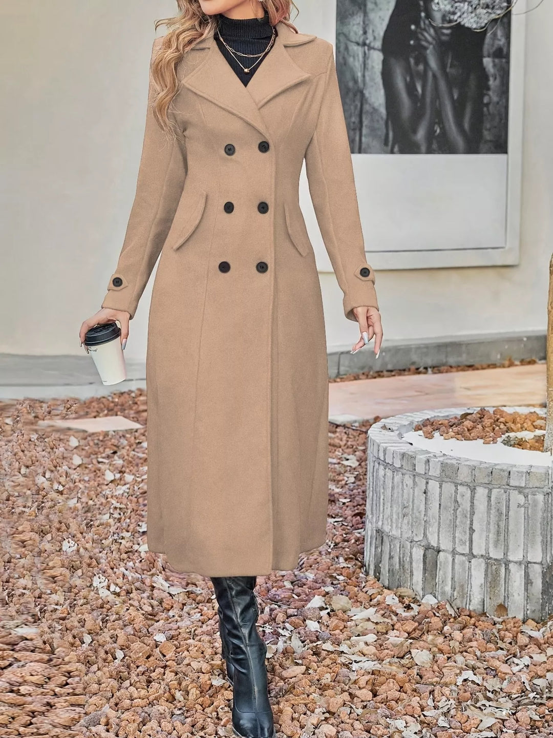 Double-breasted longline trench coat with notch lapels