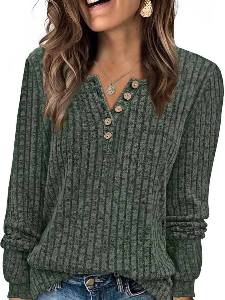 Ribbed knit button henley long sleeve top