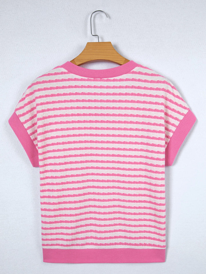 Striped textured knit V-neck top with waffle trim