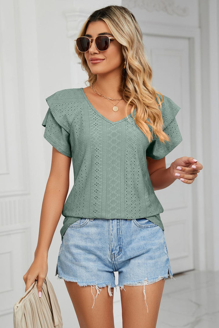 Teal Eyelet knit V-neck top with layered flutter sleeves