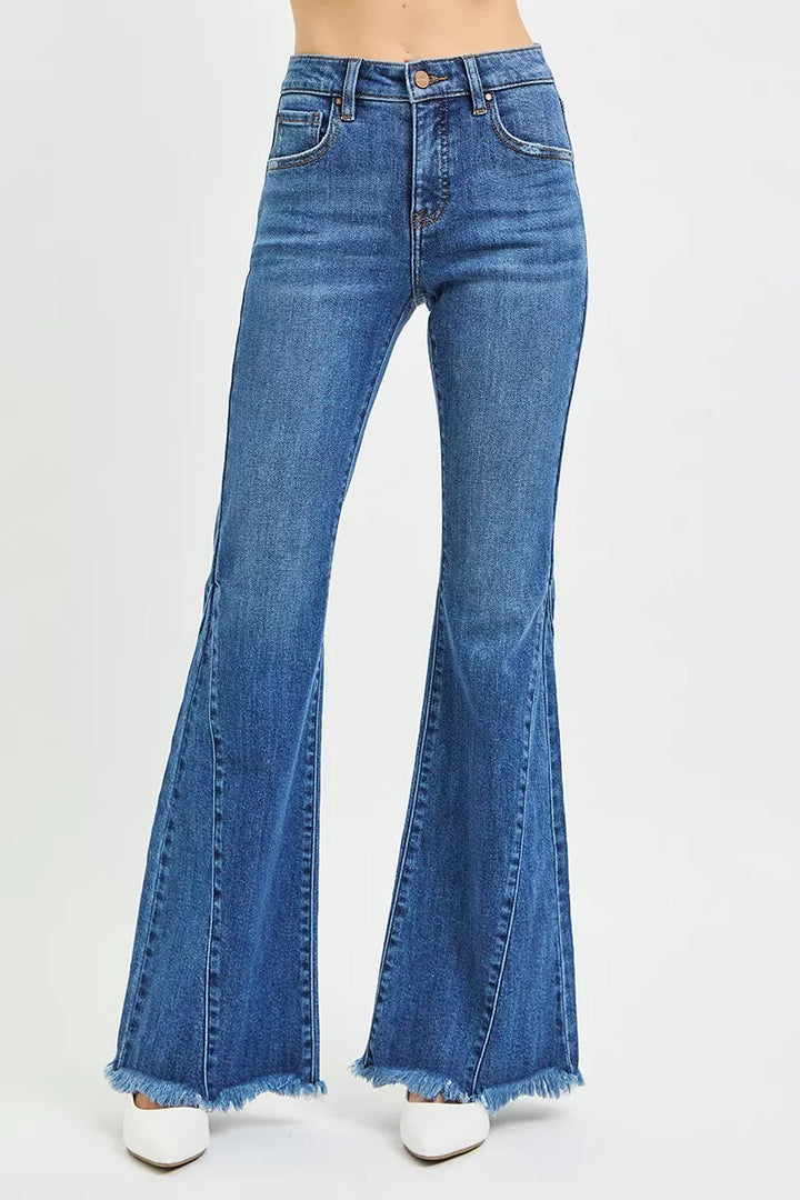 DARK Mid-rise flare jeans with paneled side seams and raw hem